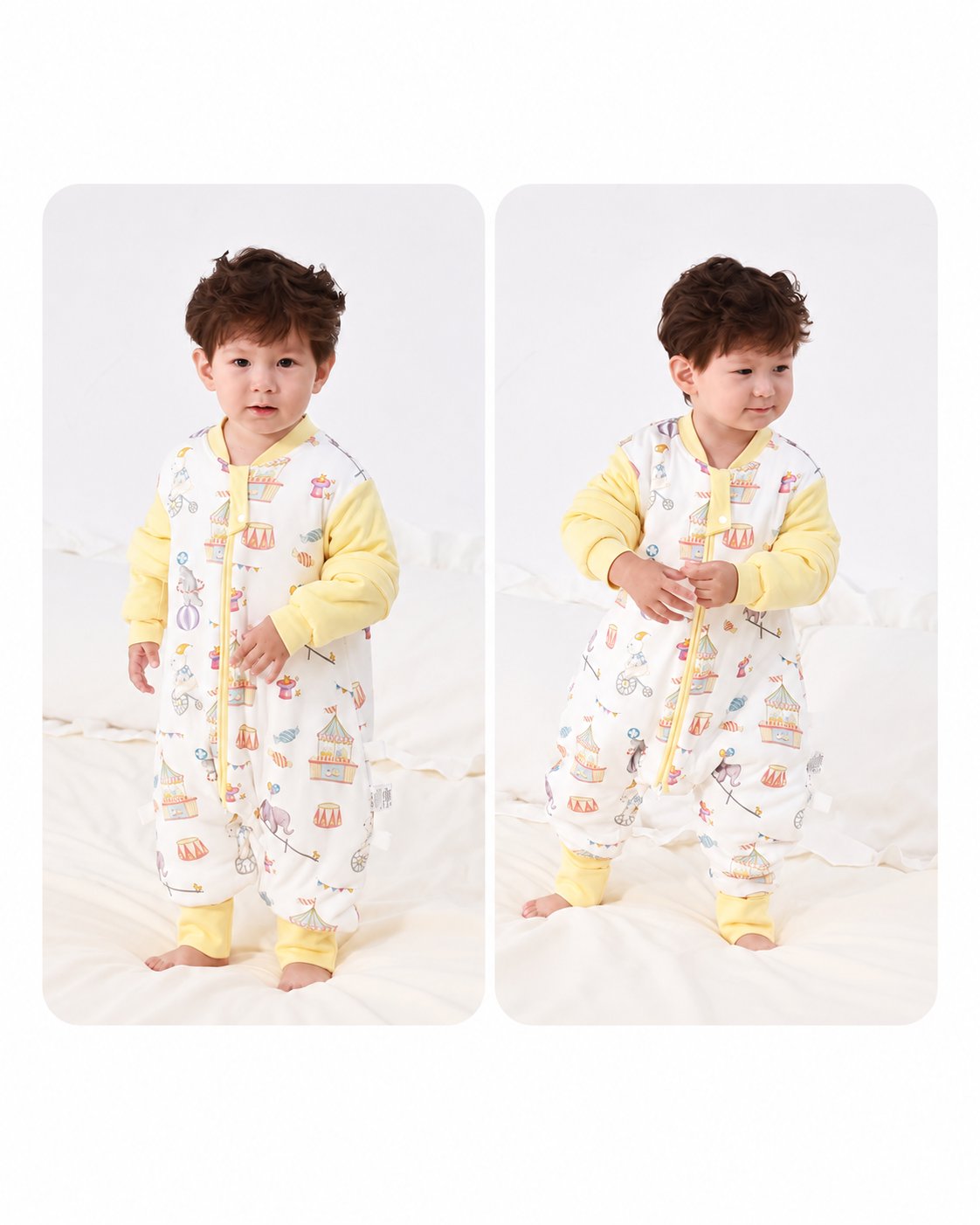 Toddler wearing the yellow Carnival split-leg sleep suit, showing front and back views