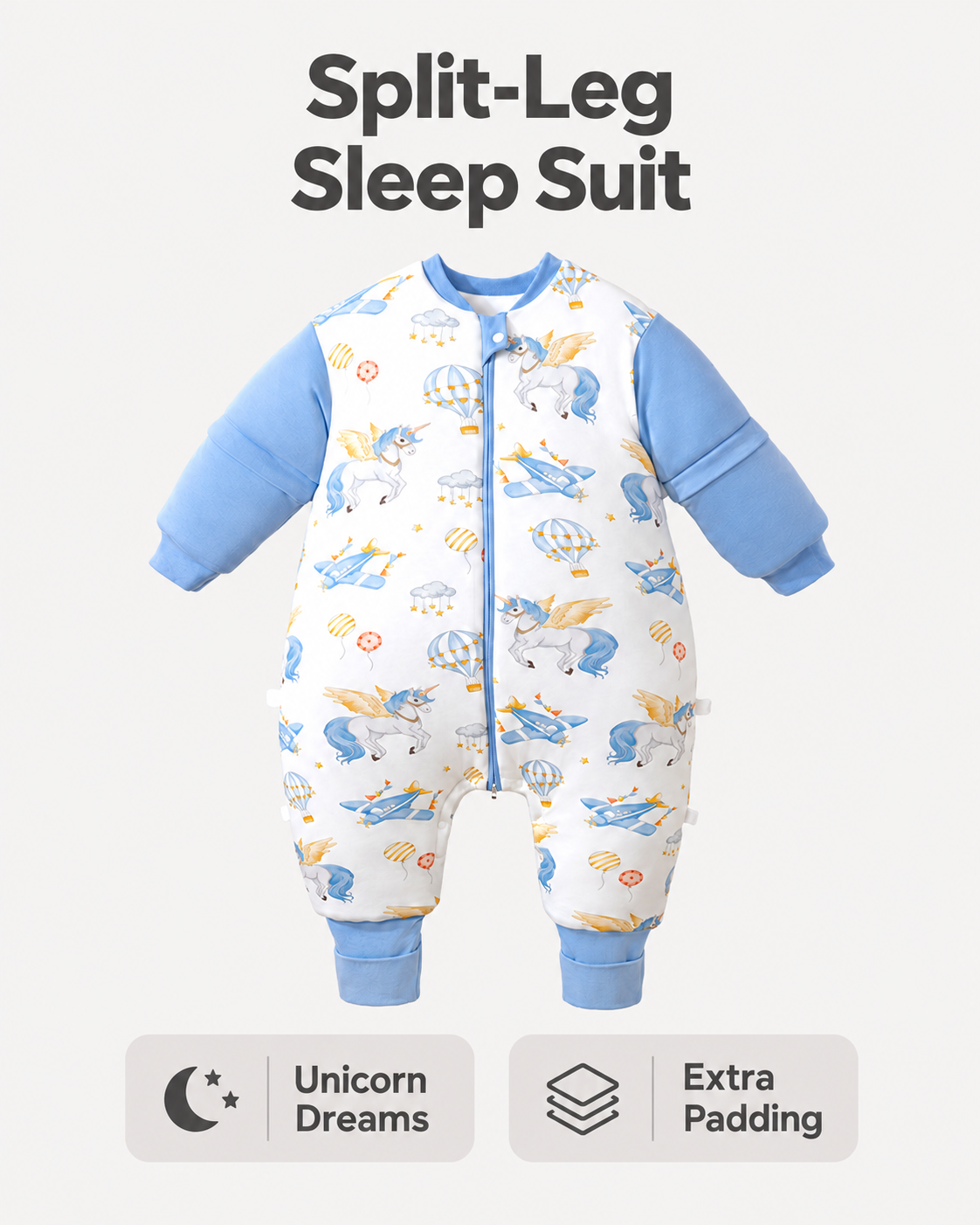 Extra Padding split-leg sleep suit in Unicorn Dreams print with blue sleeves and cuffs, winged unicorns, hot-air balloons and clouds, and a front zipper