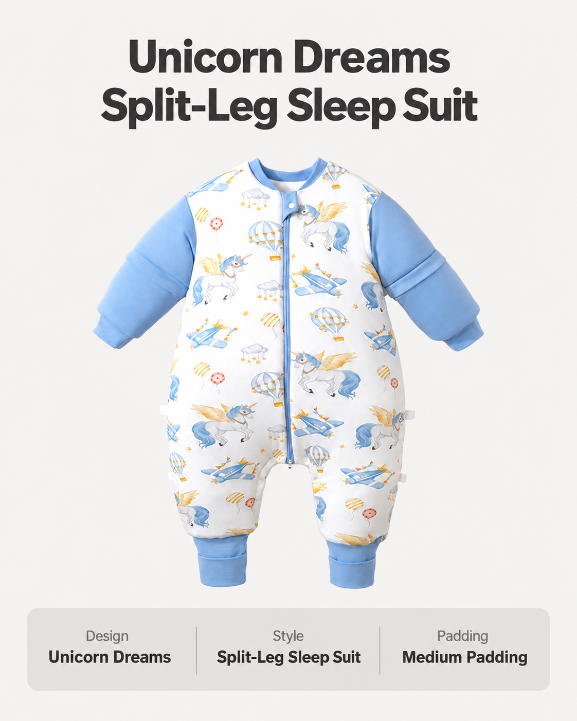 Medium Padding split-leg sleep suit in Unicorn Dreams print with blue sleeves and cuffs, winged unicorns, hot-air balloons and clouds, and a front zipper
