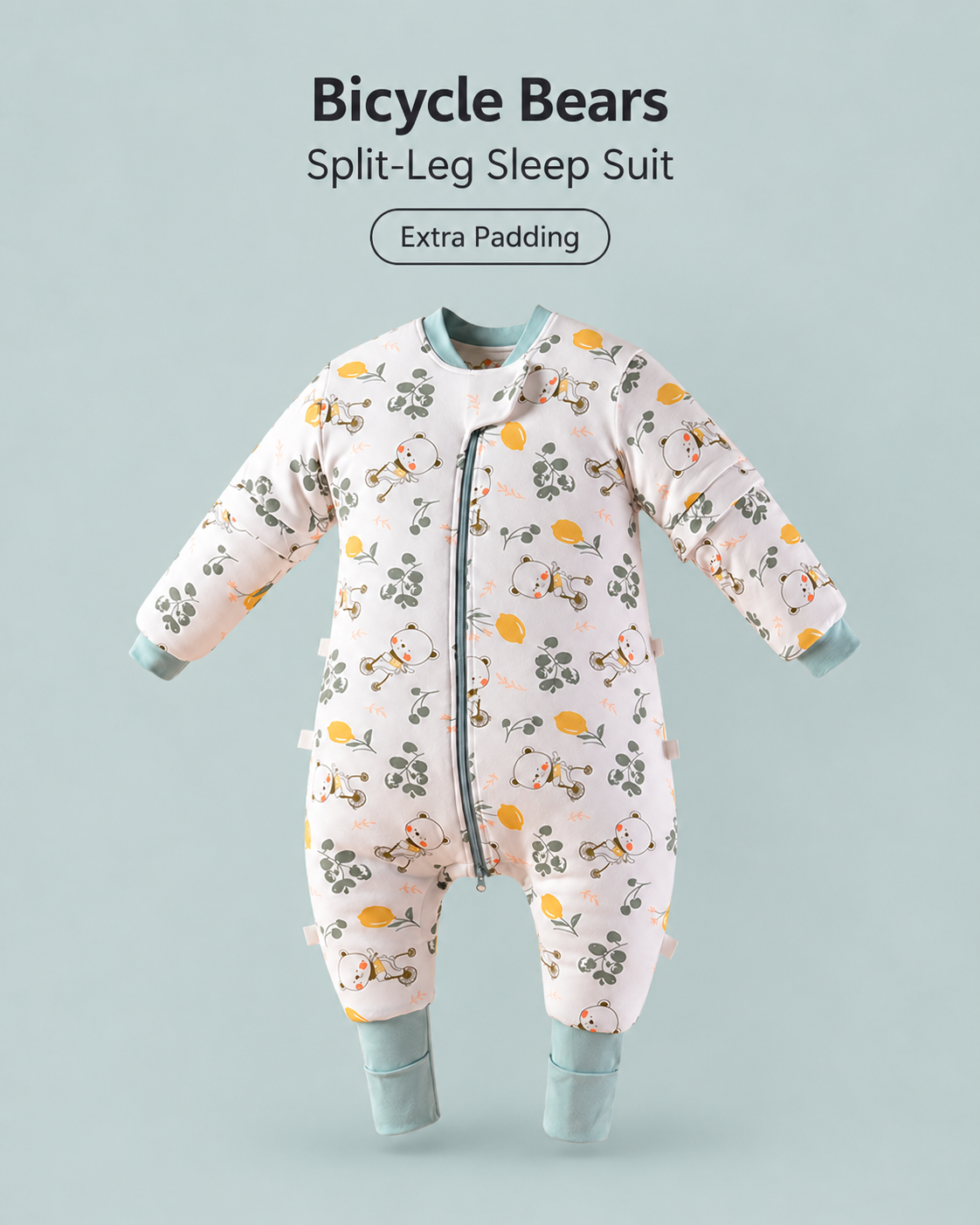 Extra Padding split-leg baby sleep suit in Bicycle Bears print featuring bears riding bicycles, green leaves and yellow flowers with sage cuffs, a front zipper and detachable sleeves