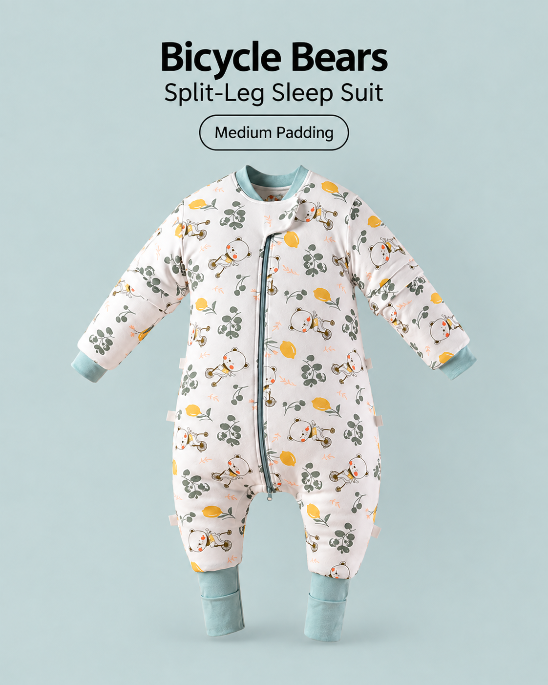 Medium Padding split-leg baby sleep suit in Bicycle Bears print featuring bears riding bicycles, green leaves and yellow flowers with sage cuffs, a front zipper and detachable sleeves