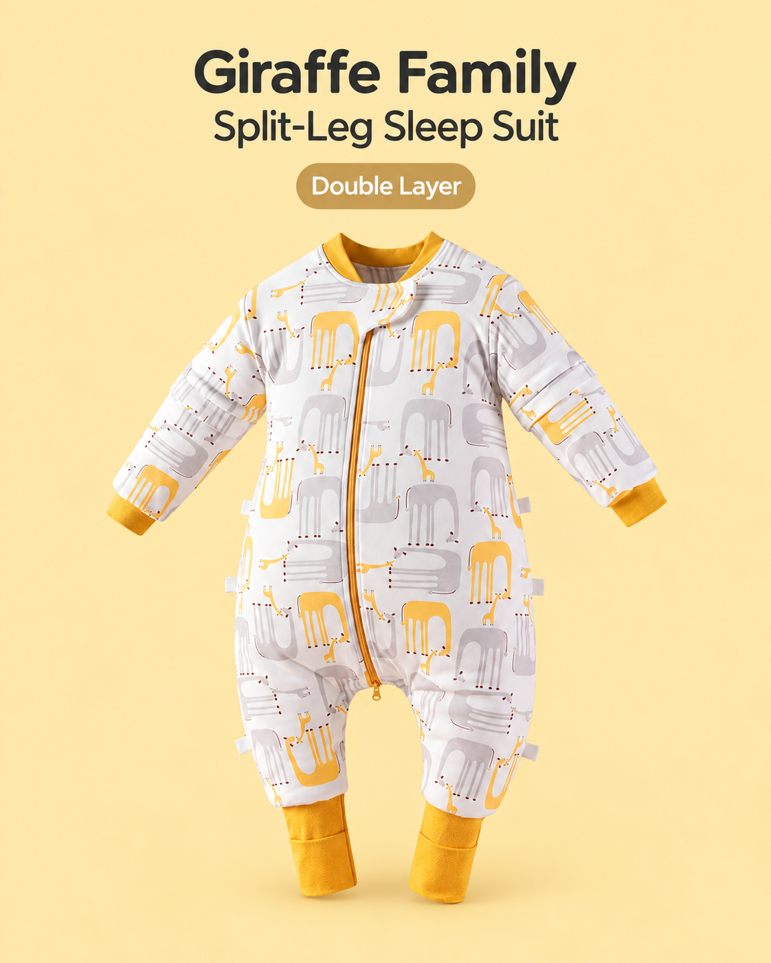 Double Layer split-leg baby sleep suit in Giraffe Family print featuring yellow and gray giraffes with mustard cuffs, a front zipper and detachable sleeves