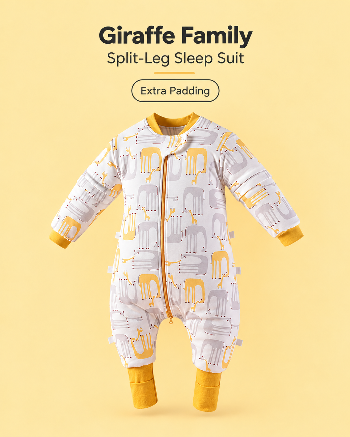 Extra Padding split-leg baby sleep suit in Giraffe Family print featuring yellow and gray giraffes with mustard cuffs, a front zipper and detachable sleeves
