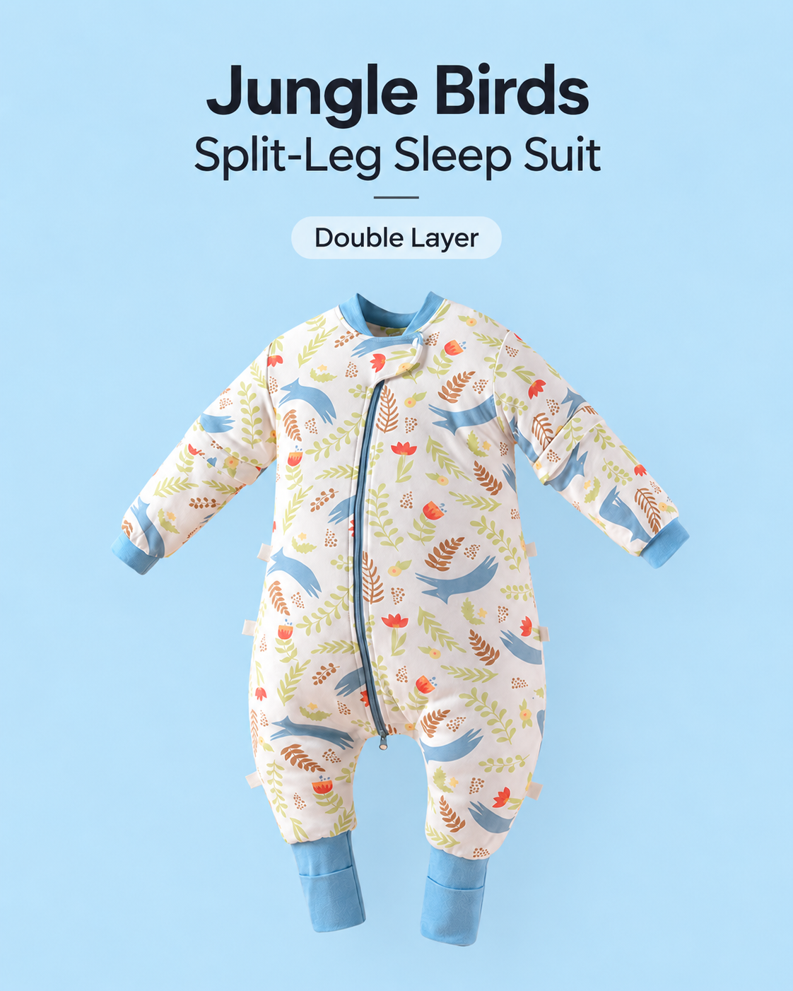 Double Layer split-leg baby sleep suit in Jungle Birds print featuring blue birds, leaves and flowers with blue cuffs, a front zipper and detachable sleeves