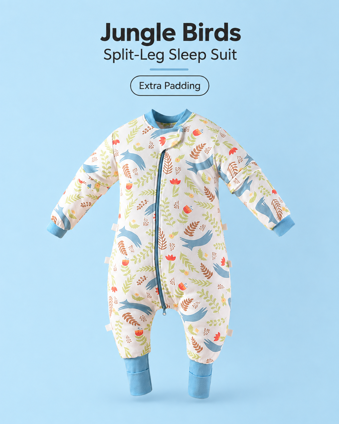 Extra Padding split-leg baby sleep suit in Jungle Birds print featuring blue birds, leaves and flowers with blue cuffs, a front zipper and detachable sleeves