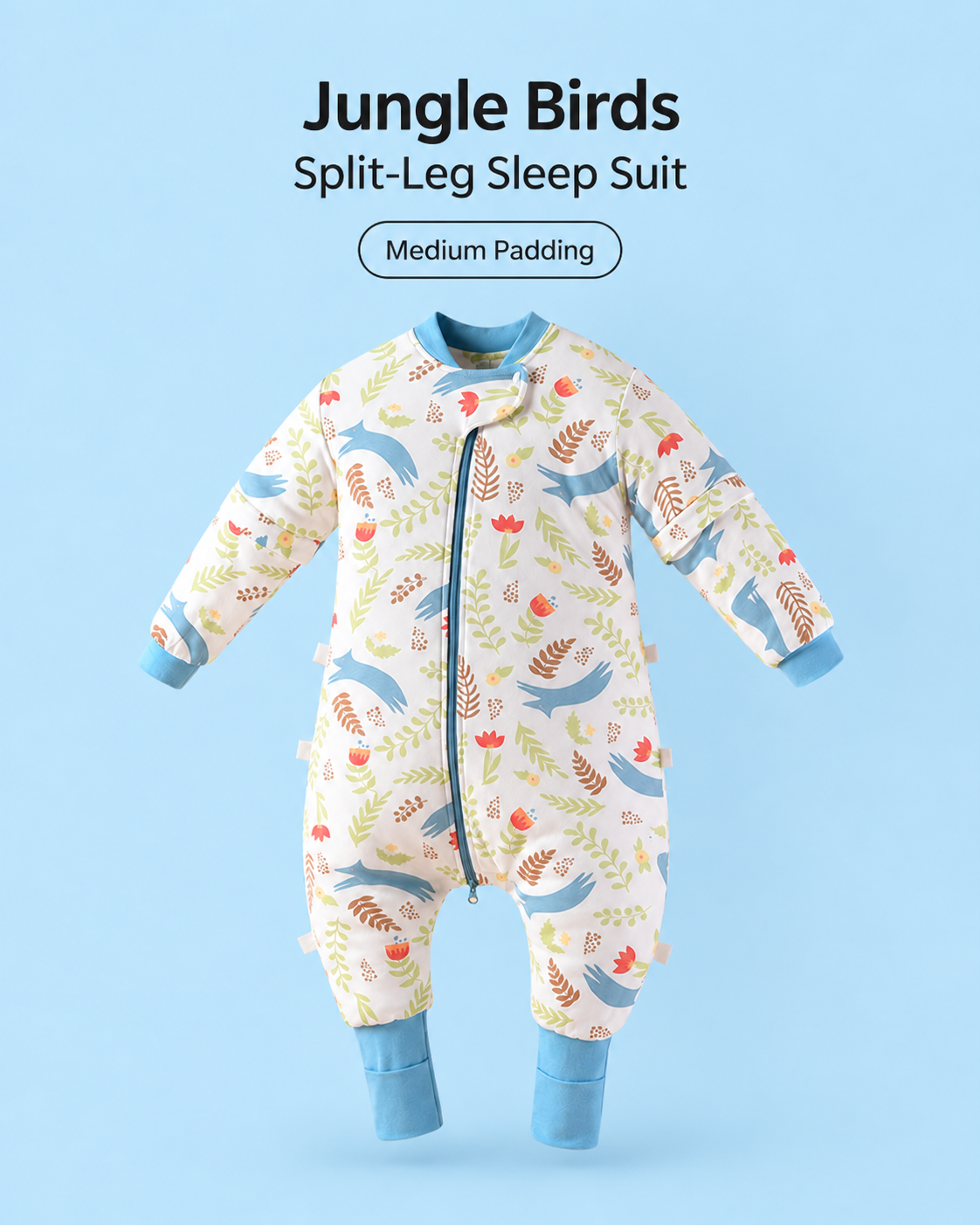 Medium Padding split-leg baby sleep suit in Jungle Birds print featuring blue birds, leaves and flowers with blue cuffs, a front zipper and detachable sleeves
