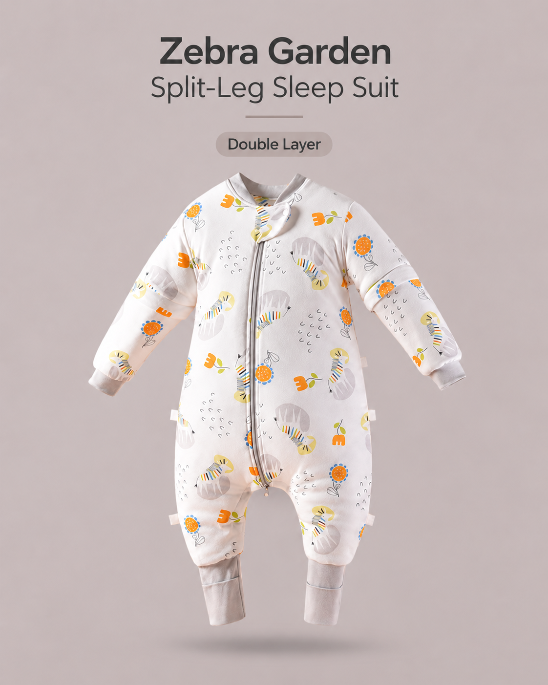 Double Layer split-leg baby sleep suit in Zebra Garden print featuring zebras and flowers with gray cuffs, a front zipper and detachable sleeves