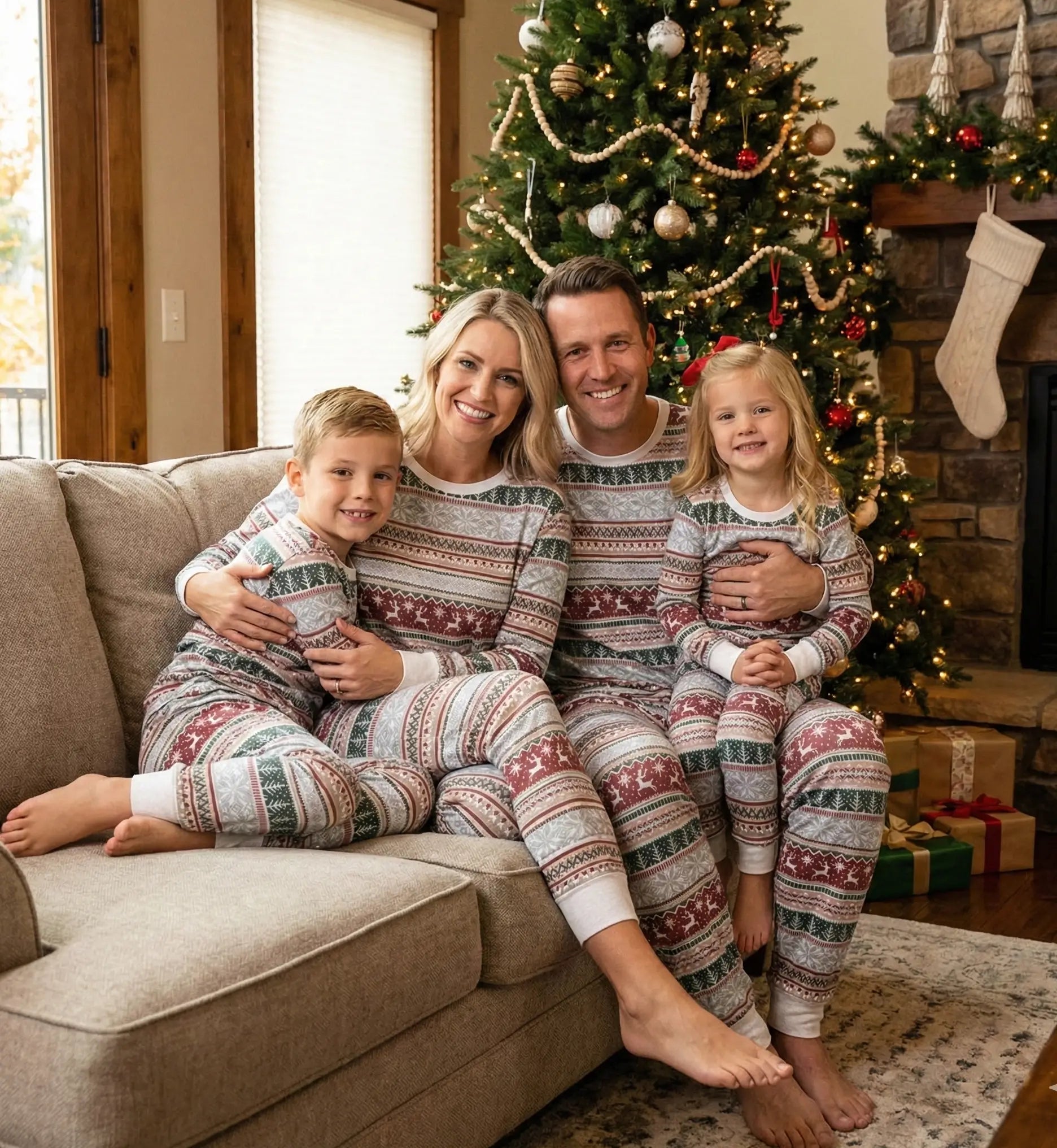 Family of four hugging on a sofa in a cozy living room with a Christmas tree and stone fireplace, wearing matching Fair Isle reindeer PJs.
