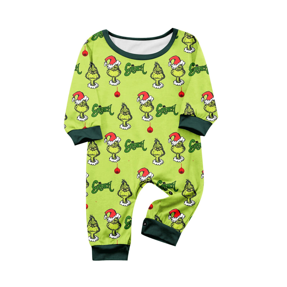 Lime-green baby romper with Grinch faces, Christmas trees and dark green neckline and cuffs