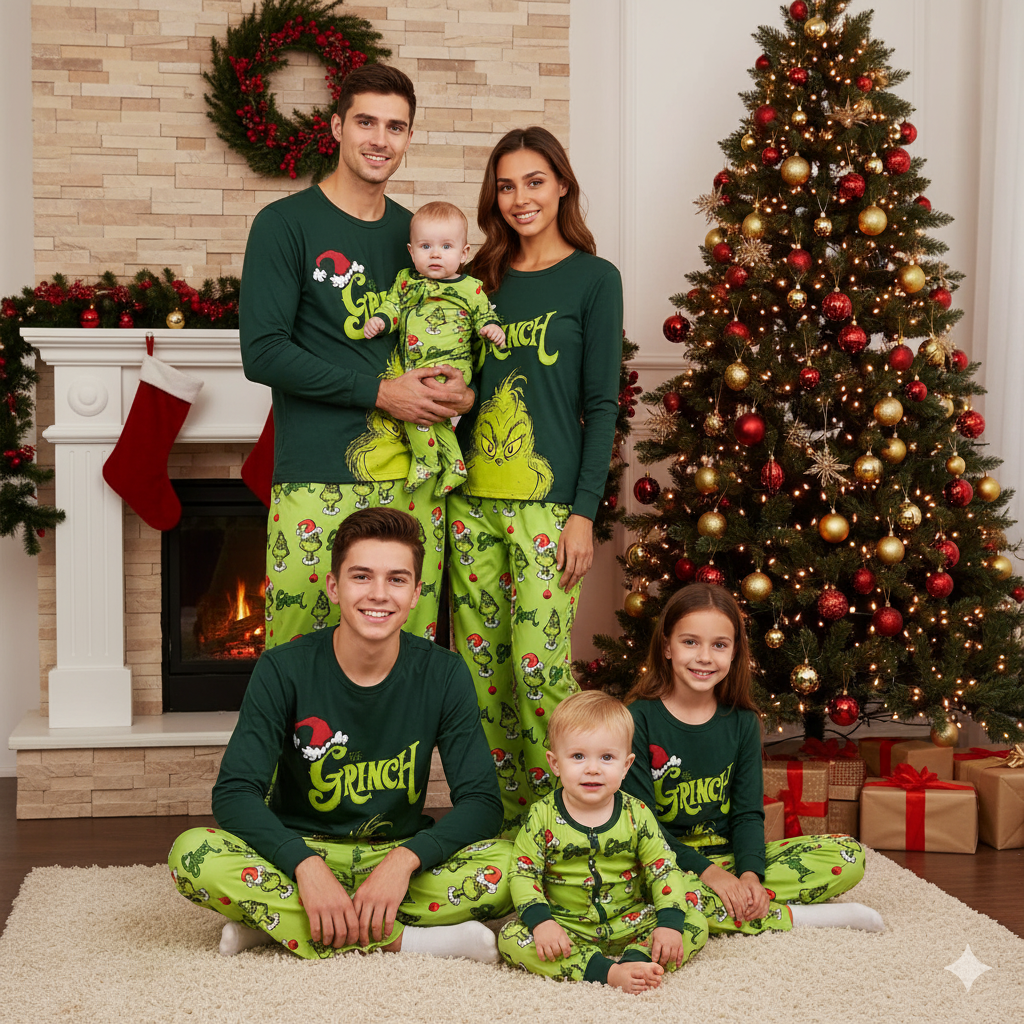 Family wearing dark green Grinch tops and lime-green printed Christmas pajama pants beside a fireplace