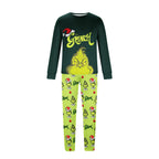 Dark green long-sleeve Grinch top with lime-green character-print Christmas pajama pants