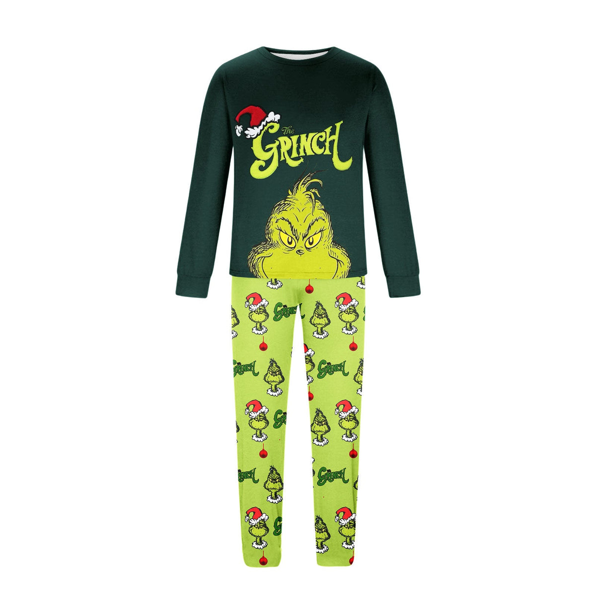 Dark green long-sleeve Grinch top with lime-green character-print Christmas pajama pants