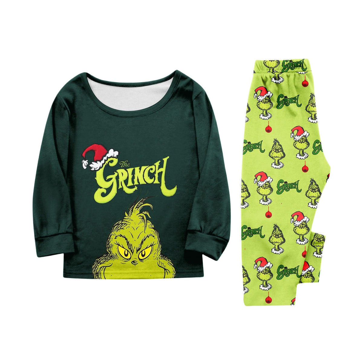 Dark green Grinch top and lime-green printed pants displayed as a child's two-piece pajama set