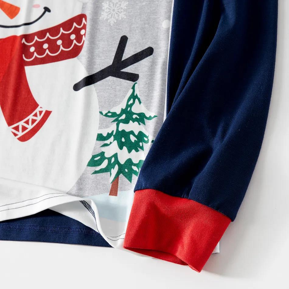 Snowman Christmas pajama top showing navy sleeve, red cuff and printed fabric detail