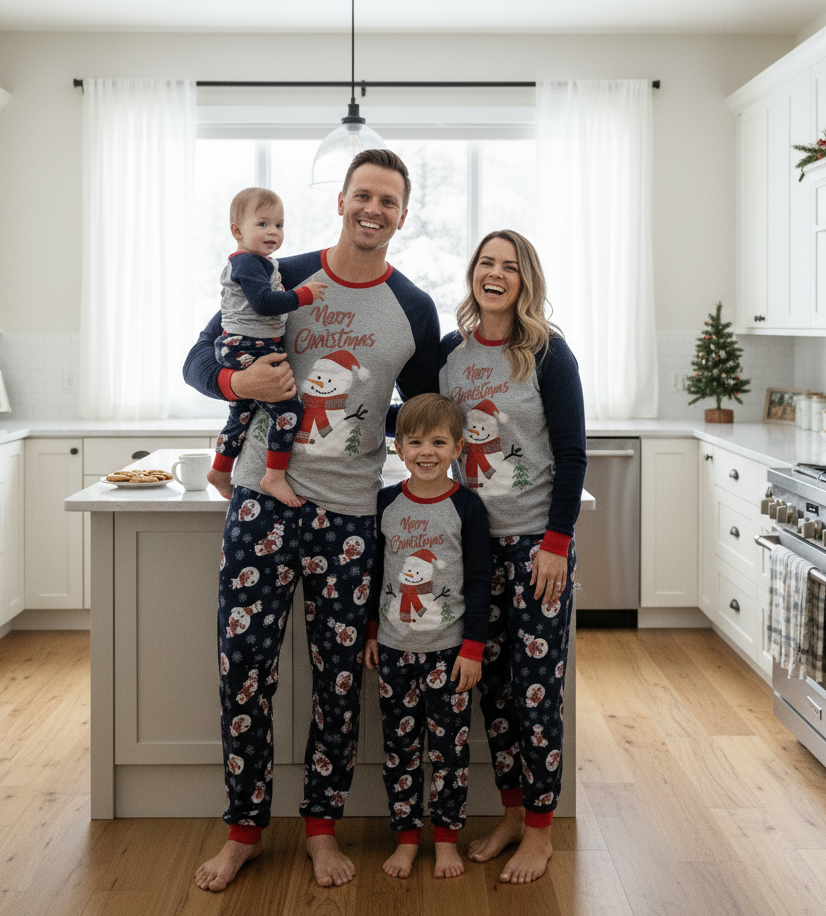Family of four wearing matching snowman Christmas pajamas in a bright kitchen