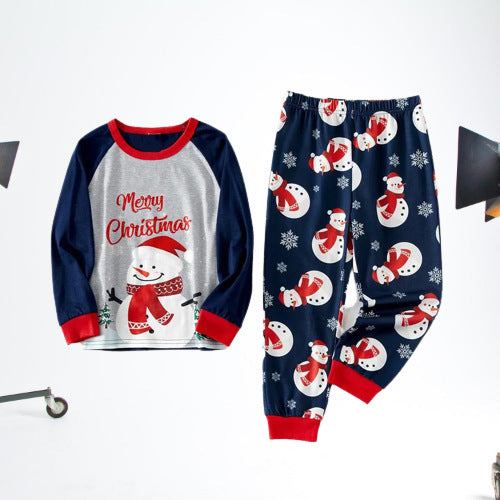 Women's matching snowman Christmas pajamas with long-sleeve top and navy pants