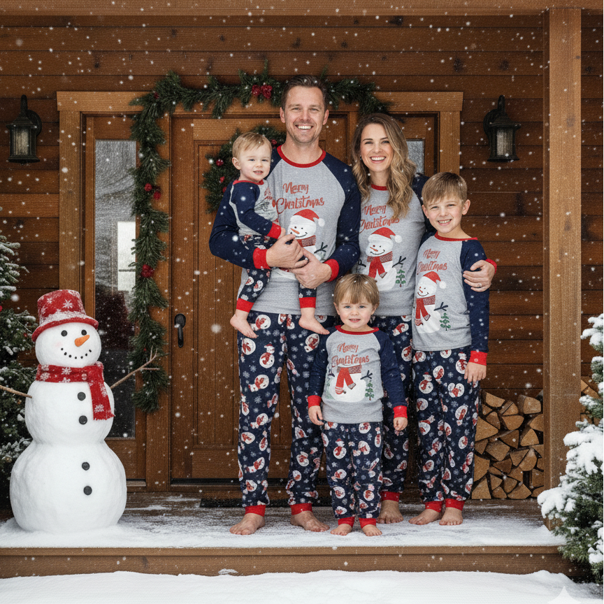 Family of five wearing matching snowman Christmas pajamas outside a snowy cabin