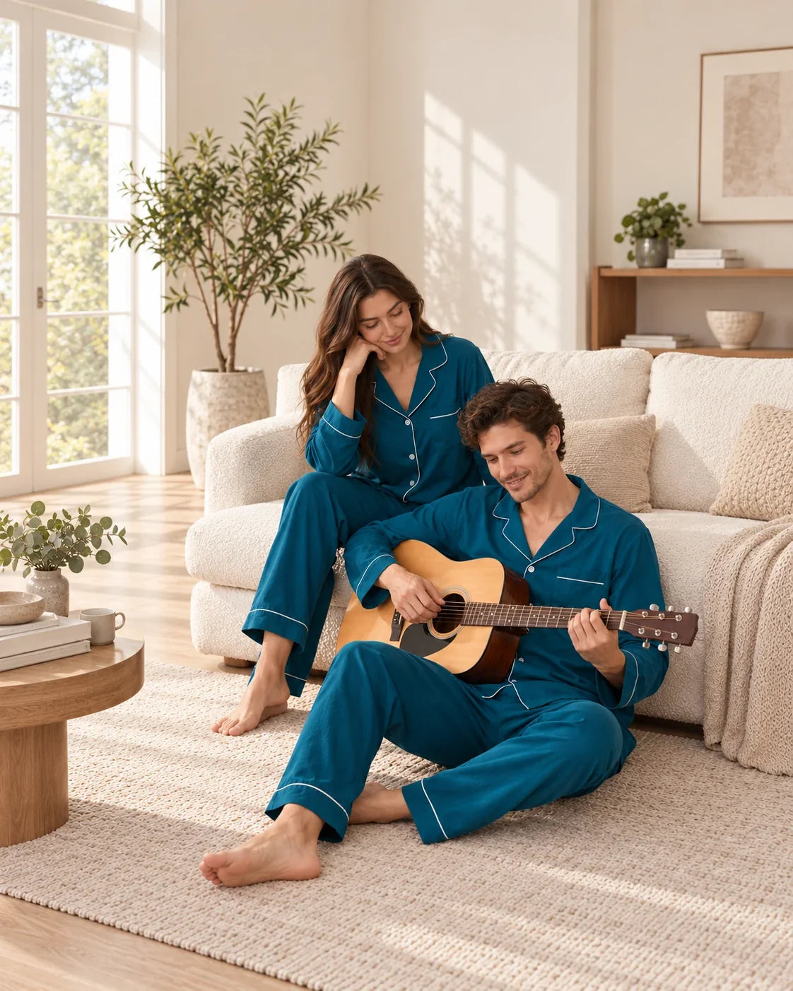 Couple relaxing in a living room, with the man playing an acoustic guitar in matching deep sea blue pajamas with white piping.