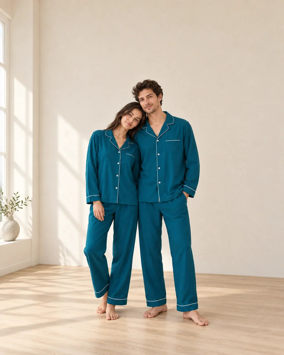 Couple standing in matching deep sea blue pajamas with white piping around the collars, front plackets, sleeve cuffs and pant hems.