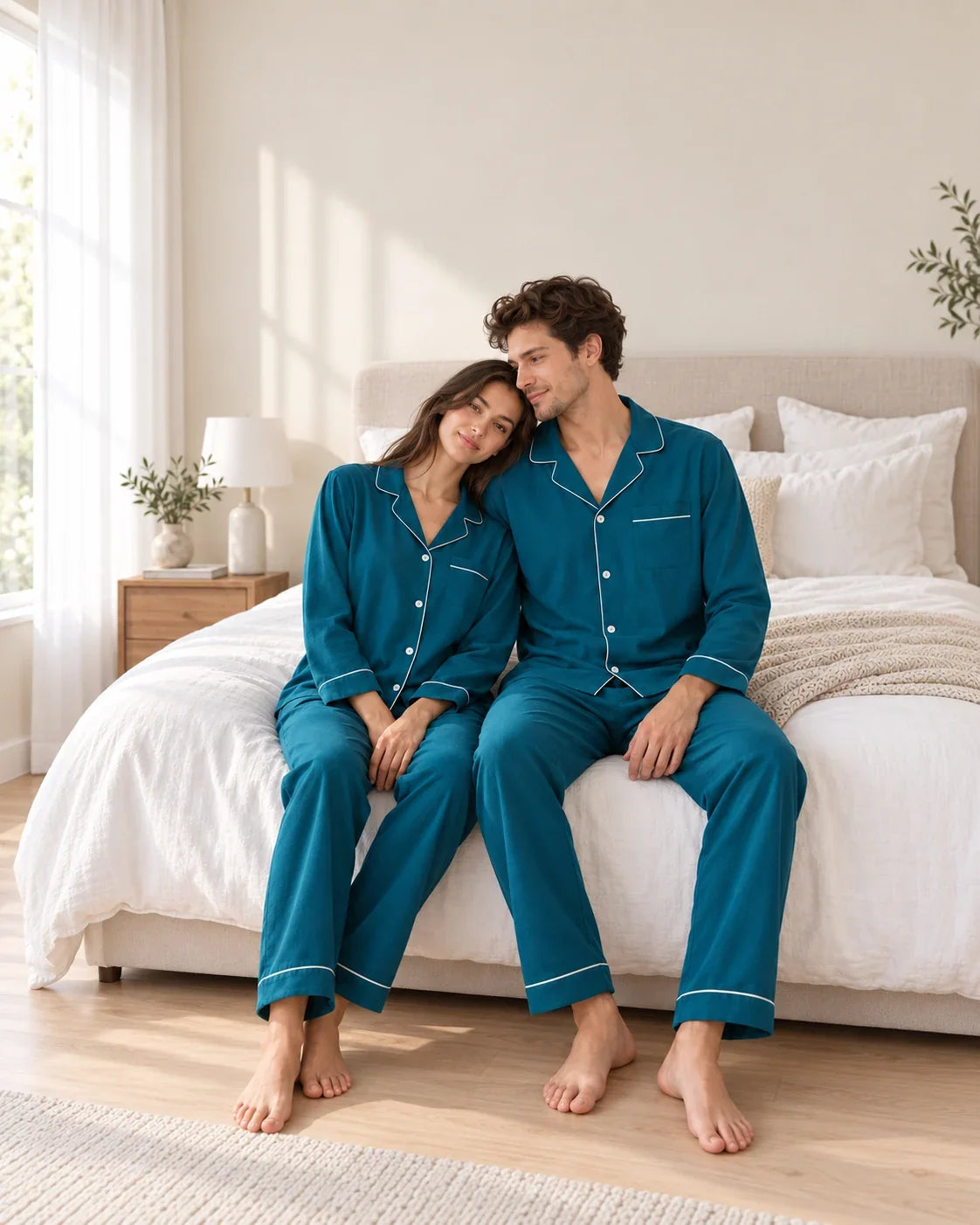 Couple sitting on a white bed in matching deep sea blue pajamas with notched collars and white piping on the cuffs and pant hems.