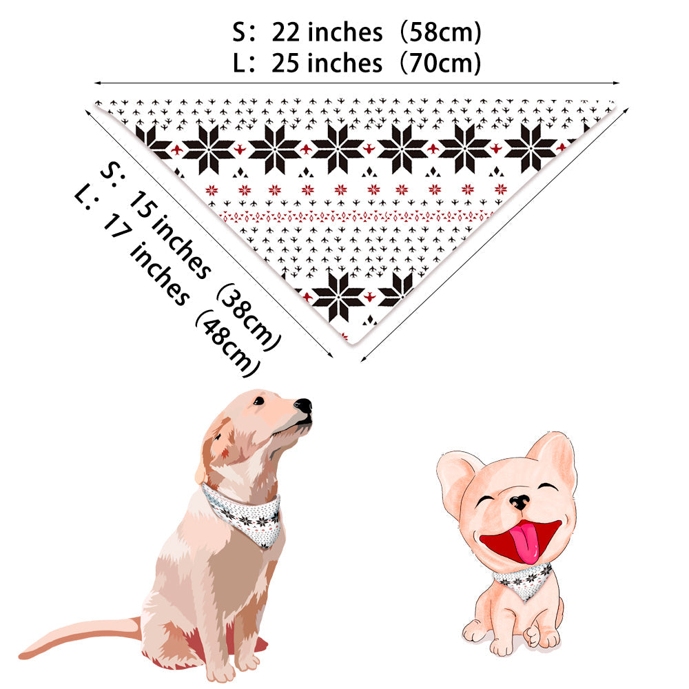 Size chart and dimension guide for matching Fair Isle snowflake dog bandana with Small and Large measurements.