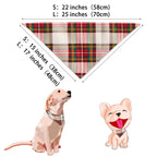 Size diagram for a dog matching holiday plaid bandana in small and large, showing dimensions with illustrations of a Golden Retriever and French Bulldog.