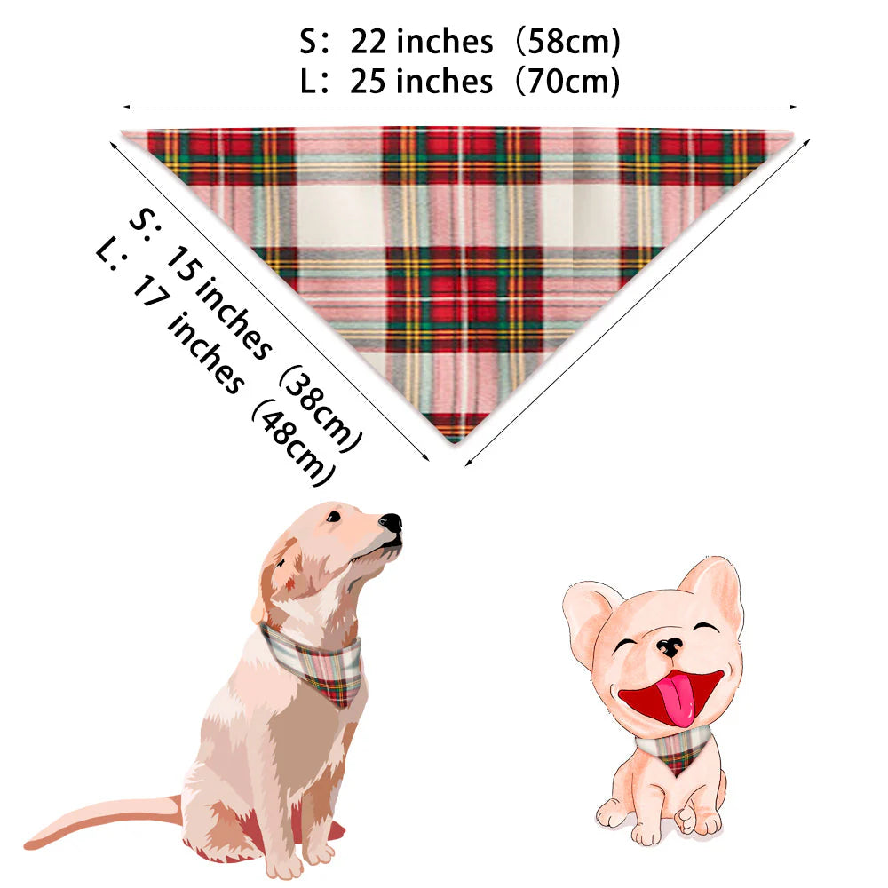 Size diagram for a dog matching holiday plaid bandana in small and large, showing dimensions with illustrations of a Golden Retriever and French Bulldog.
