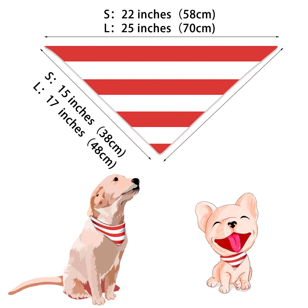 Size chart and dimension guide for a red and white striped dog Christmas bandana, illustrated with a Golden Retriever and a French Bulldog.