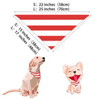Size chart and dimension guide for a red and white striped dog Christmas bandana, illustrated with a Golden Retriever and a French Bulldog.