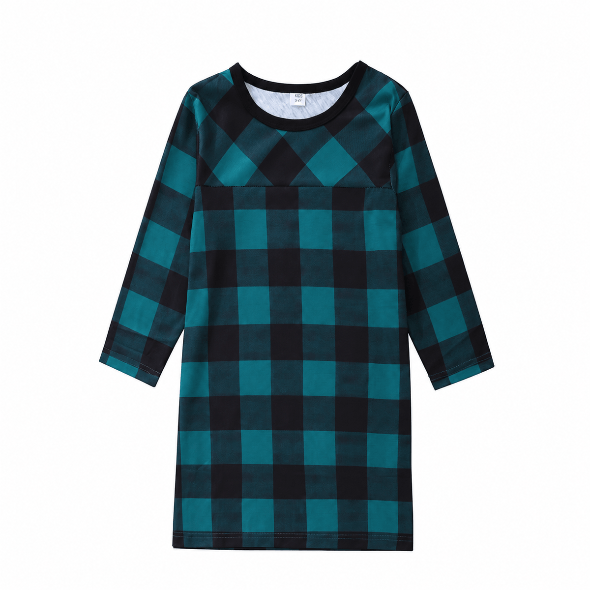 Girls' teal-and-black buffalo check long-sleeve nightdress with round neckline