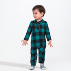 Baby wearing a teal-and-black buffalo check collared romper