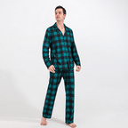 Men's teal-and-black buffalo check button-front pajama set, front view