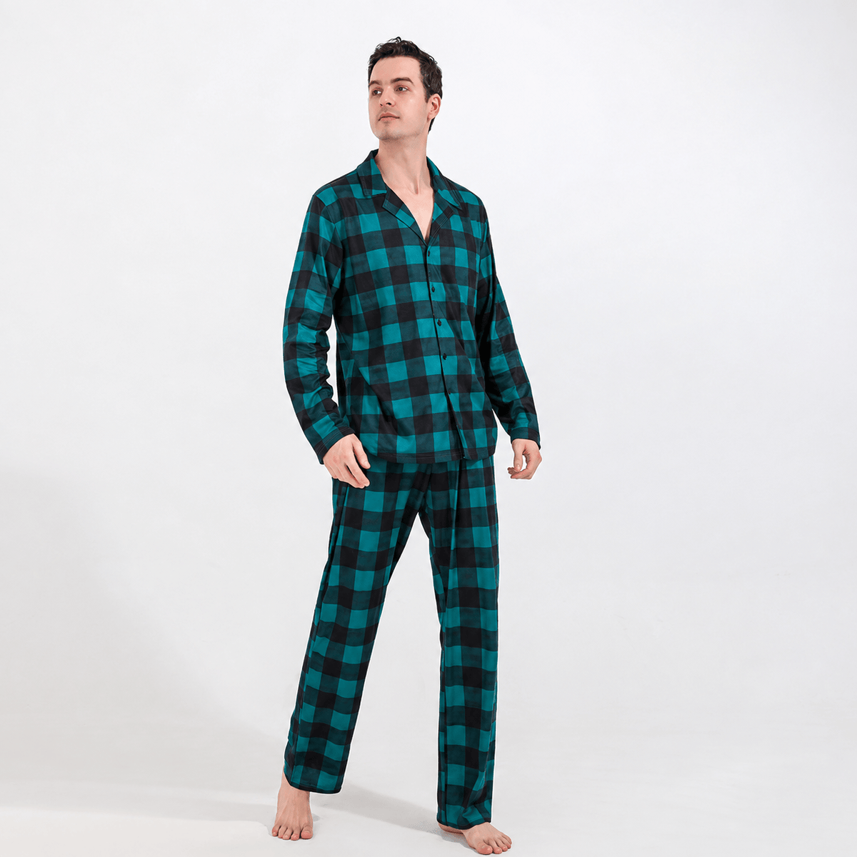 Men's teal-and-black buffalo check button-front pajama set, front view