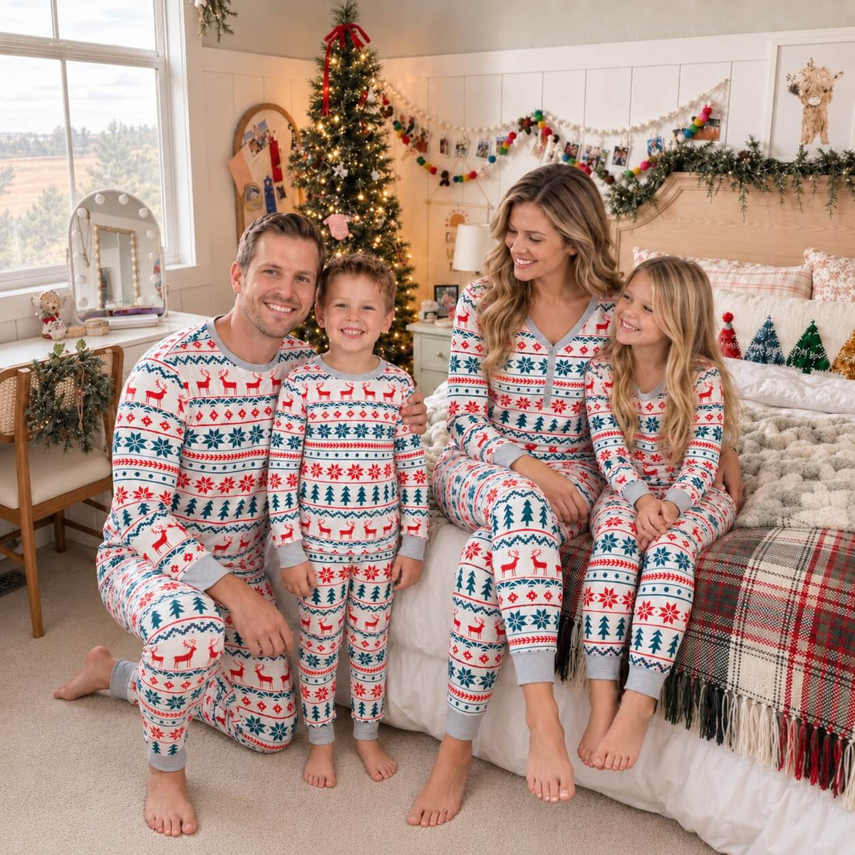 Family of four seated together in a decorated holiday living room wearing matching reindeer and snowflake pajamas.