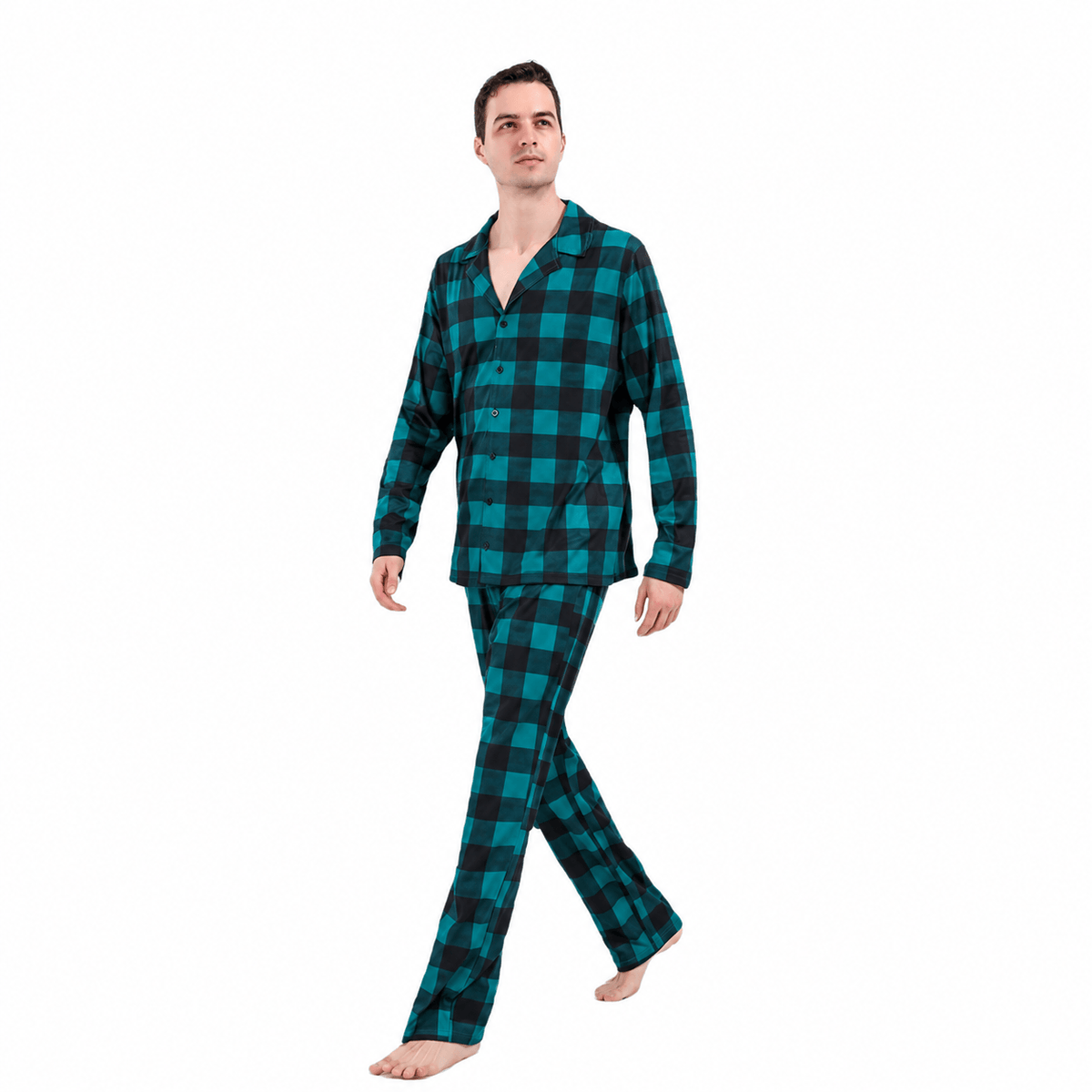 Men's teal-and-black buffalo check two-piece pajamas, walking pose