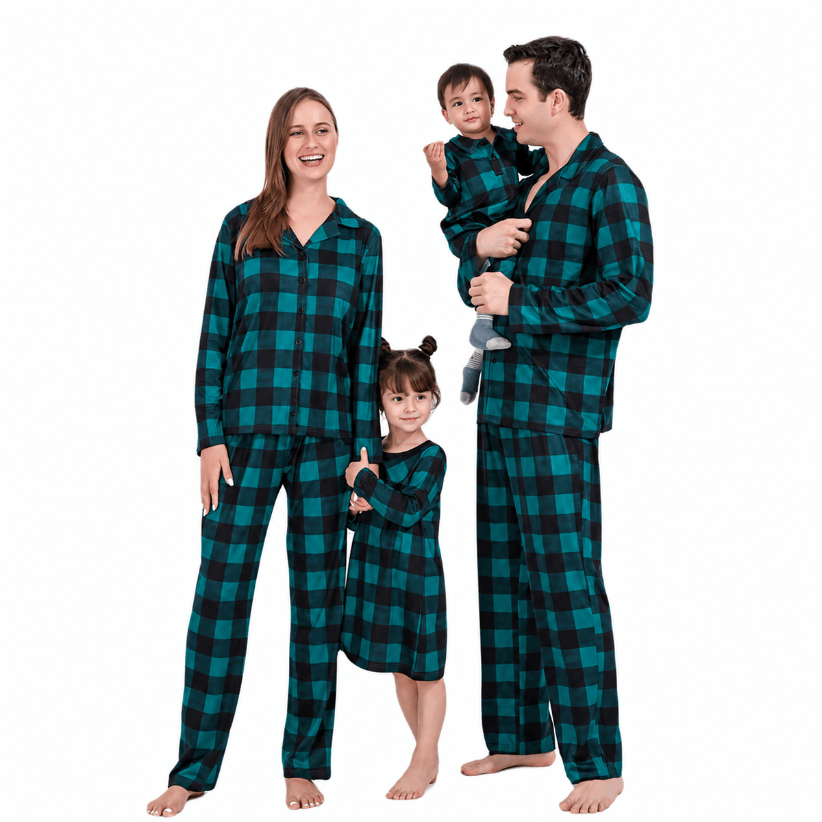 Family wearing teal-and-black buffalo check matching Christmas pajamas, nightdress and baby romper