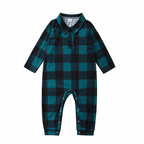 Baby teal-and-black buffalo check footless romper with leg snaps