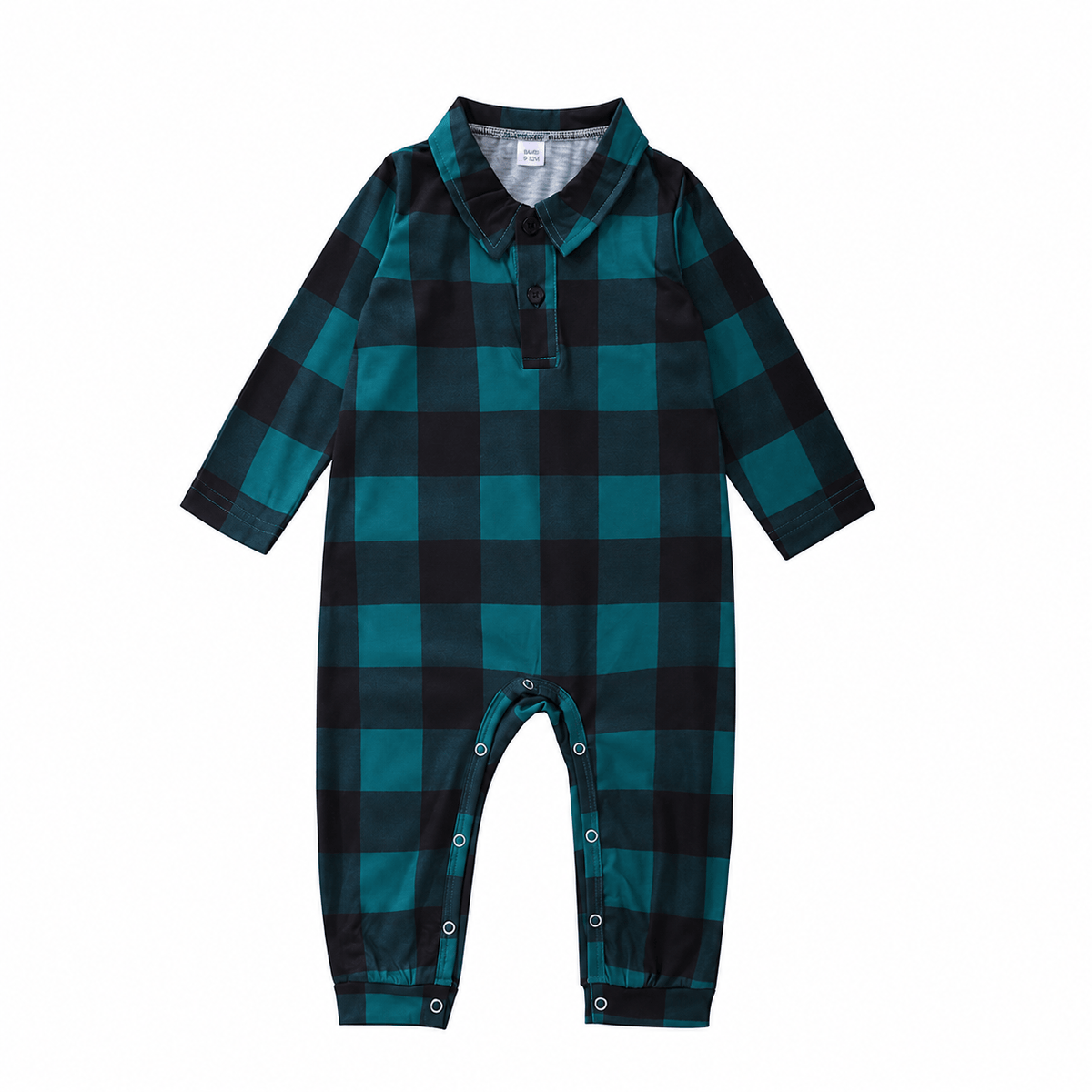 Baby teal-and-black buffalo check footless romper with leg snaps