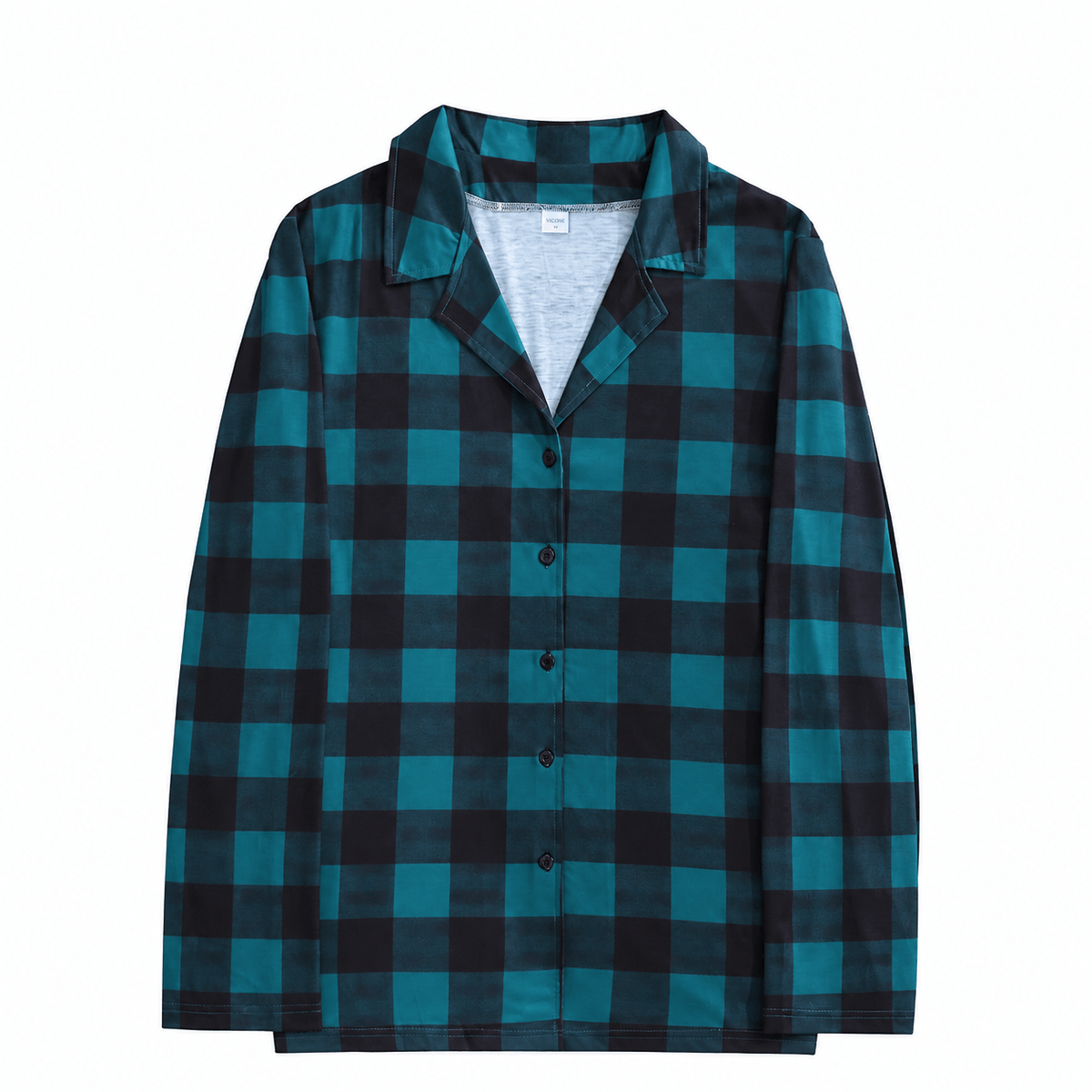 Teal-and-black buffalo check button-front pajama top with a collar