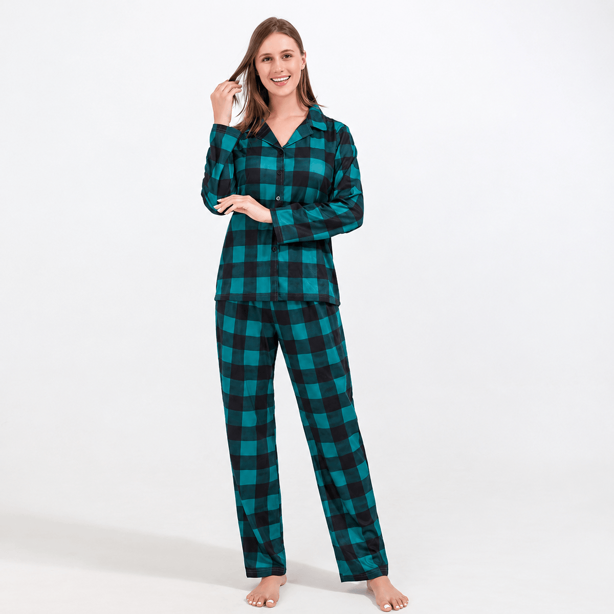 Women's teal-and-black buffalo check pajama top and matching pants