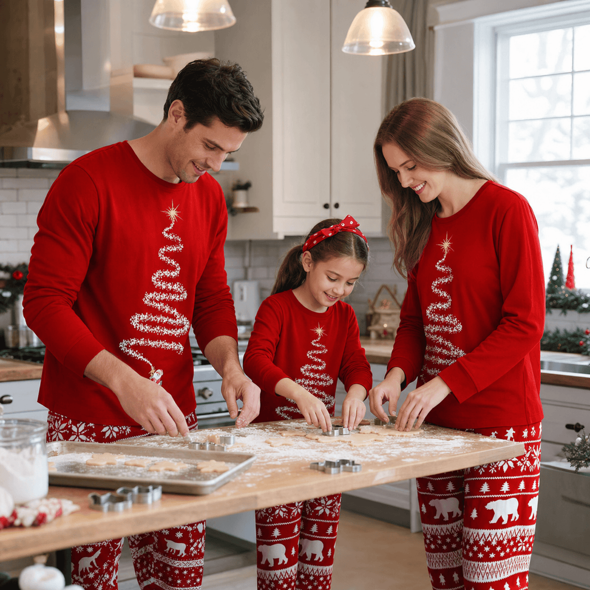 Parents and daughter baking cookies in red spiral-tree Christmas tops and red-and-white patterned pajama pants.