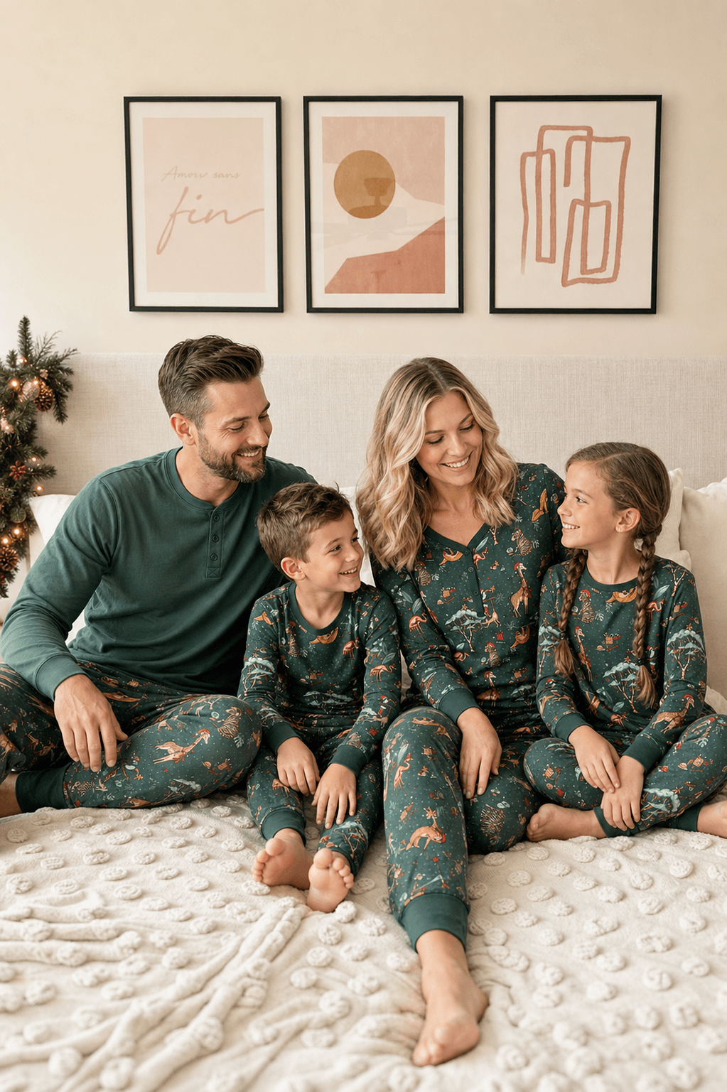 Family relaxing on a cream bed in teal animal-print pajamas, with dad wearing a solid teal Henley.