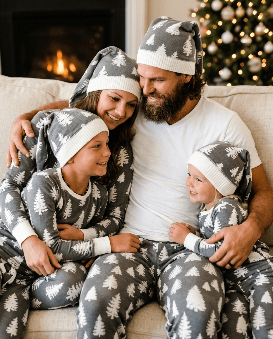 Parents cuddling two children in grey tree-print Christmas pajamas and matching hats, with dad in a white T-shirt.
