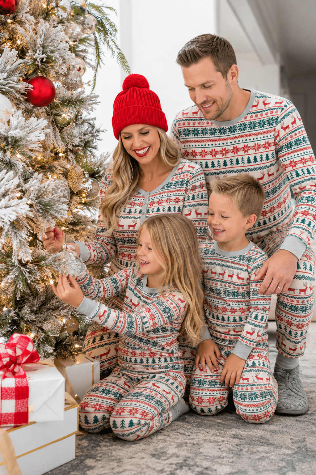 Family decorating a Christmas tree in grey pajamas patterned with rows of red reindeer and green trees.