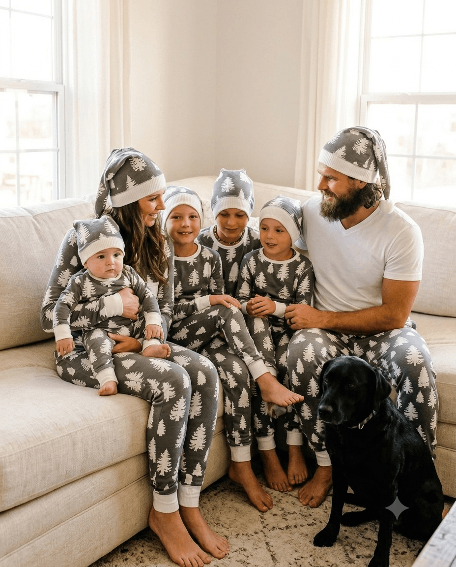 Family in grey Christmas-tree pajamas and matching hats on a sofa with a black dog, dad in a white T-shirt.