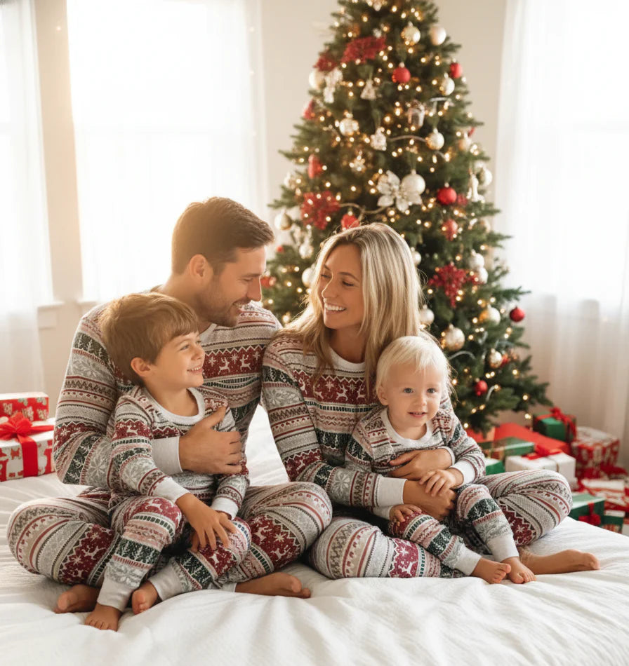 Family of four in matching grey Fair Isle PJs sitting on bed in front of a decorated Christmas tree.