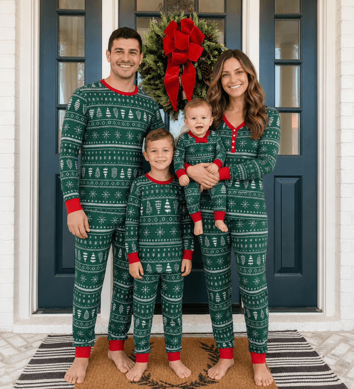 Family posing at a wreath-decorated front door in green Fair Isle Christmas pajamas with red cuffs.