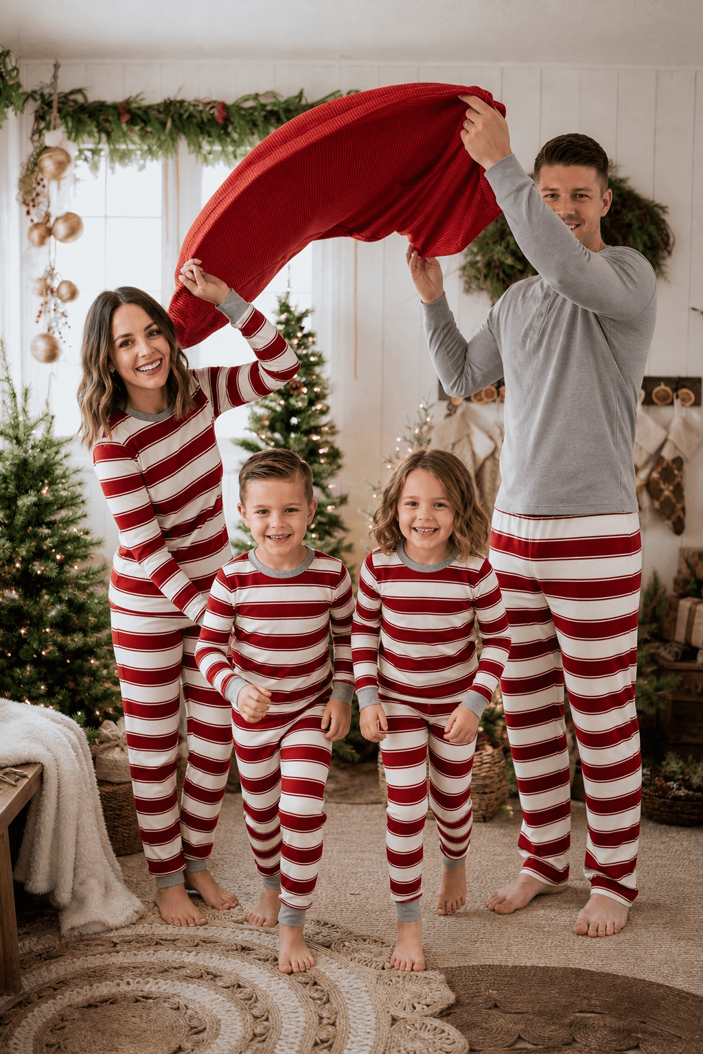 Parents holding a red blanket over two children in coordinated red and white striped Christmas pajamas.
