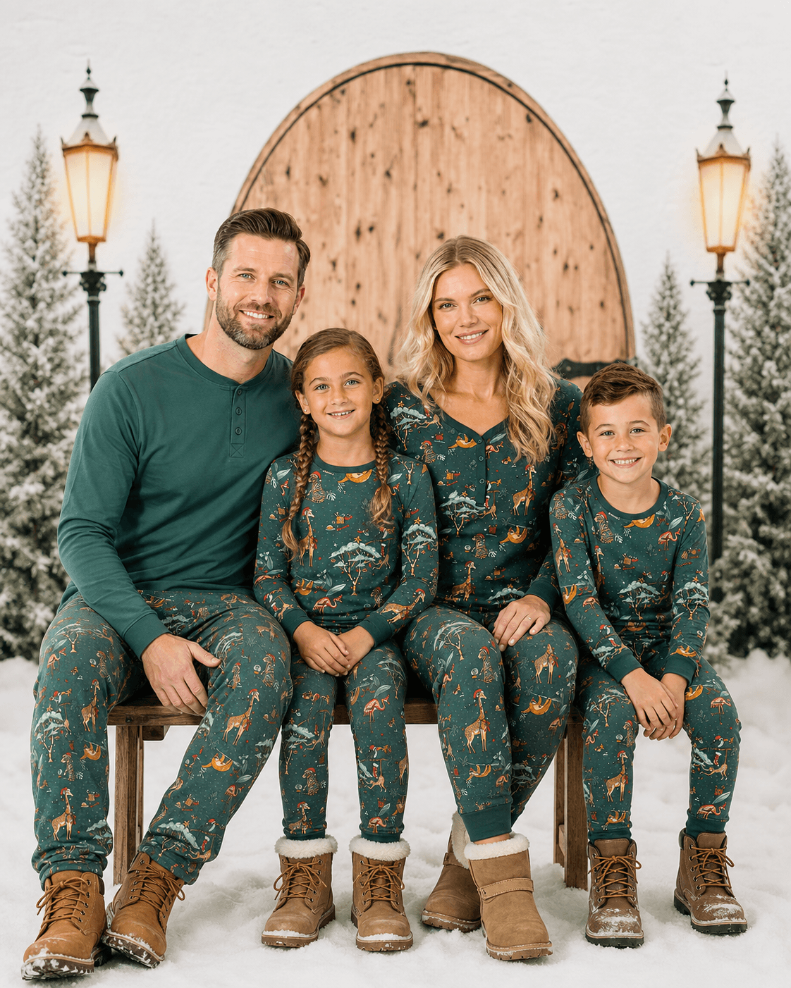 Family sitting on a bench in teal animal-print Christmas pajamas and boots against a snowy doorway backdrop.