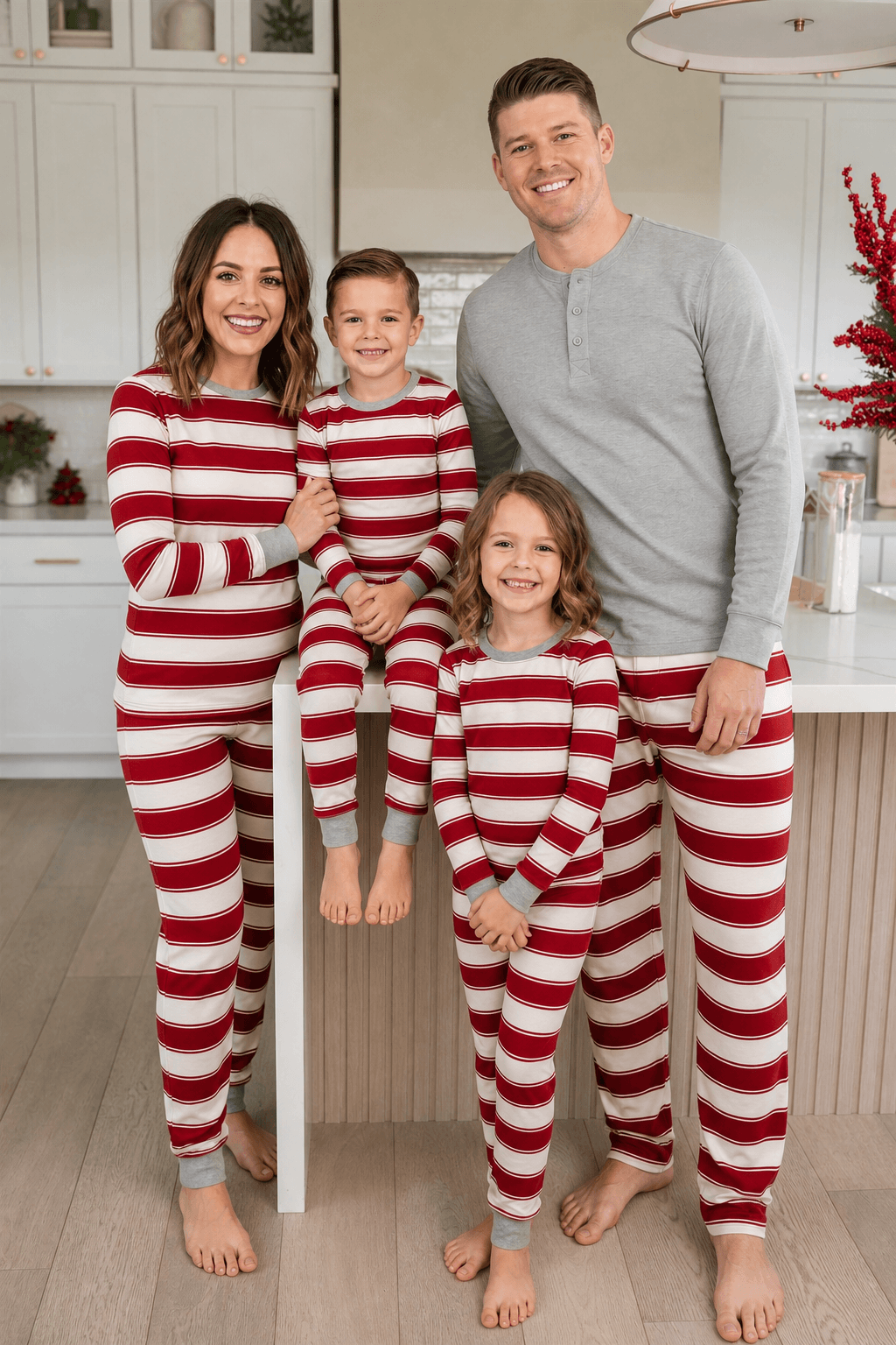 Parents and two children posing in a kitchen in red and white striped pajamas, with dad in a grey Henley.